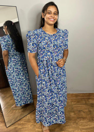 BLUE DAISY | ZIPLESS MATERNITY MAXI-PUFF SLEEVES | FULL LENGTH MAXI