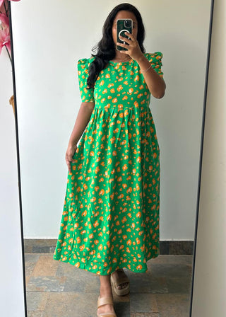 GREEN ORANGE CHEETAH | NON-FEEDING MAXI – PUFF SLEEVES | ANKLE LENGTH MAXI