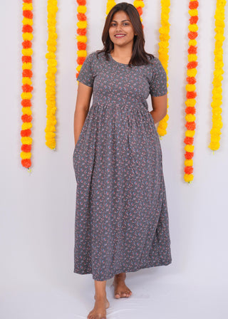 GREY TINY LEAVES | NON-FEEDING MAXI – SHORT SLEEVES | FULL LENGTH MAXI