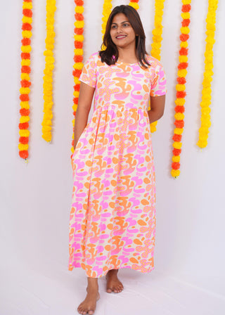 ORANGE PINK ABSTRACT | NON-FEEDING MAXI – SHORT SLEEVES | FULL LENGTH MAXI