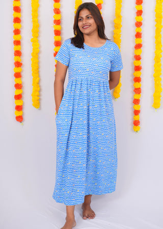 BLUE WAVES | NON-FEEDING MAXI – SHORT SLEEVES | ANKLE LENGTH MAXI