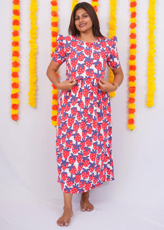 STRAWBERRY | ZIPLESS MATERNITY MAXI-PUFF SLEEVES | ANKLE LENGTH MAXI