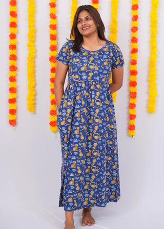 BLUE WILD | NON-FEEDING MAXI – SHORT SLEEVES | ANKLE LENGTH MAXI