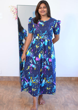 BLUE SPLASH PAINT | ZIPLESS MATERNITY MAXI-PUFF SLEEVES | ANKLE LENGTH MAXI