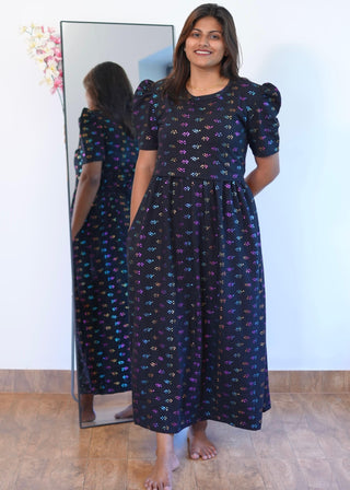 GLITTER HEART | ZIPLESS MATERNITY MAXI-PUFF SLEEVES | ANKLE LENGTH MAXI