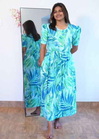 BLUE GREEN LEAF | ZIPLESS MATERNITY MAXI-PUFF SLEEVES | ANKLE LENGTH MAXI