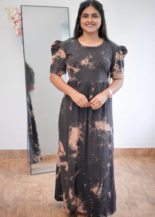 BLACK BROWN TIE & DYE | NON-FEEDING MAXI – PUFF SLEEVES | ANKLE LENGTH MAXI