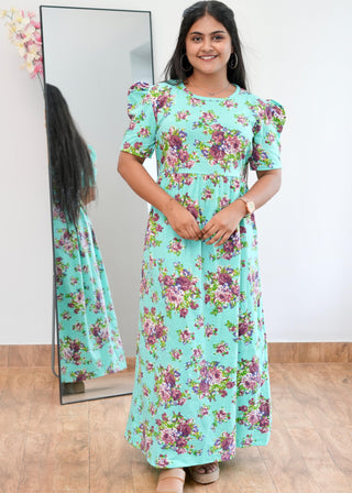 SEA GREEN FLORAL | NON-FEEDING MAXI – PUFF SLEEVES | ANKLE LENGTH MAXI