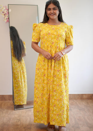 YELLOW TINY FLORAL | NON-FEEDING MAXI – PUFF SLEEVES | ANKLE LENGTH MAXI