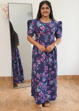 BLUE VIOLET FLORAL | NON-FEEDING MAXI – PUFF SLEEVES | ANKLE LENGTH MAXI