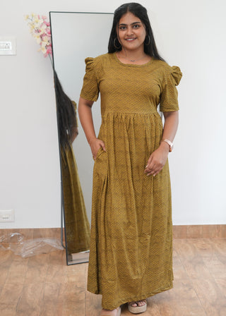 BROWNISH TRELIS | NON-FEEDING MAXI – PUFF SLEEVES | ANKLE LENGTH MAXI