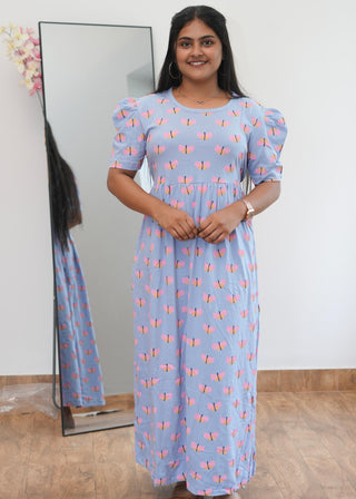 BLUE BUTTERFLY | NON-FEEDING MAXI – PUFF SLEEVES | ANKLE LENGTH MAXI