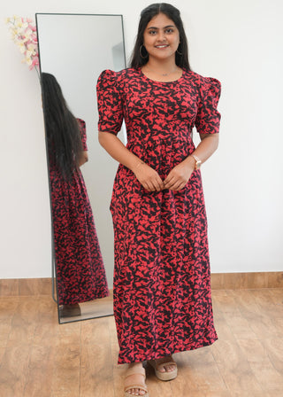 RED BLACK ABSTRACT | NON-FEEDING MAXI – PUFF SLEEVES | ANKLE LENGTH MAXI