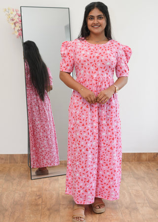 PINK HEARTS | NON-FEEDING MAXI – PUFF SLEEVES | ANKLE LENGTH MAXI