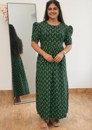 GREEN GLITTERY LEAF | NON-FEEDING MAXI – PUFF SLEEVES | ANKLE LENGTH MAXI