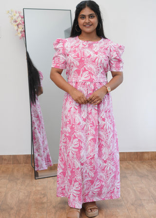 PINK WHITE LEAF | ZIPLESS MATERNITY MAXI-PUFF SLEEVES | ANKLE LENGTH MAXI