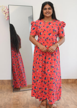 RED YELLOW FLOWERS | NON-FEEDING MAXI – PUFF SLEEVES | ANKLE LENGTH MAXI