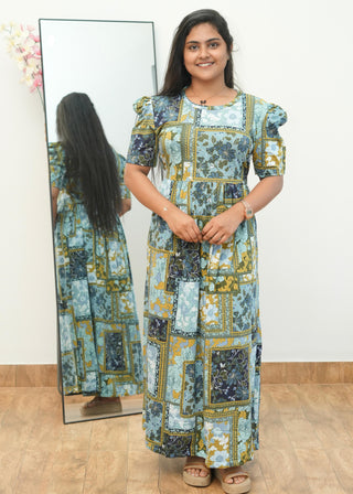 TEAL TRELIS| NON-FEEDING MAXI – PUFF SLEEVES | ANKLE LENGTH MAXI