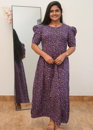 BLUE TINY FLORAL | NON-FEEDING MAXI – PUFF SLEEVES | ANKLE LENGTH MAXI