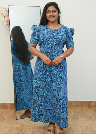 BLUE RANGOLI | NON-FEEDING MAXI – PUFF SLEEVES | ANKLE LENGTH MAXI