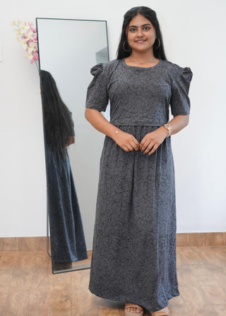BLACK PEBBLES| ZIPLESS MATERNITY MAXI-PUFF SLEEVES | ANKLE LENGTH MAXI