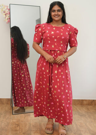 STAR & MOON | ZIPLESS MATERNITY MAXI-PUFF SLEEVES | ANKLE LENGTH MAXI