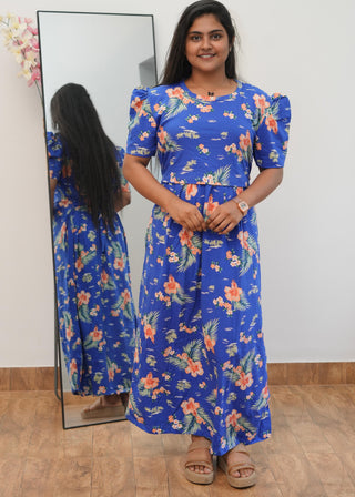 BLUE BEACH | ZIPLESS MATERNITY MAXI-PUFF SLEEVES | ANKLE LENGTH MAXI