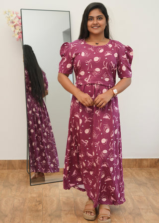 PURPLE RIBBON & CAP | ZIPLESS MATERNITY MAXI-PUFF SLEEVES | ANKLE LENGTH MAXI