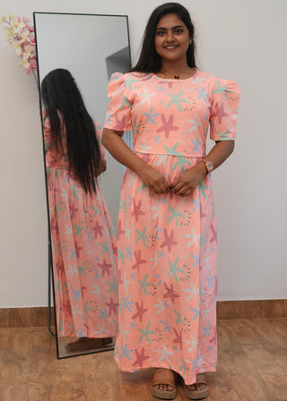 PEACH STAR | ZIPLESS MATERNITY MAXI-PUFF SLEEVES | ANKLE LENGTH MAXI