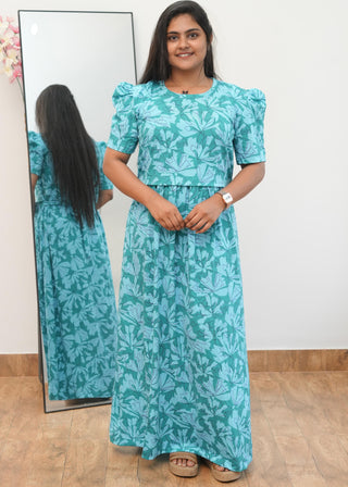 GREEN BLUE LEAF | ZIPLESS MATERNITY MAXI-PUFF SLEEVES | ANKLE LENGTH MAXI