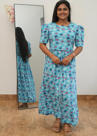BLUE BUTTERFLY & HEART | ZIPLESS MATERNITY MAXI-PUFF SLEEVES | ANKLE LENGTH MAXI
