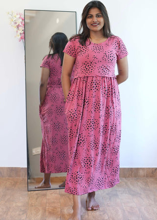 DARK PINK BLACK DOTS | ZIPLESS MATERNITY MAXI-SHORT SLEEVES | ANKLE LENGTH MAXI