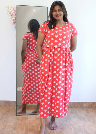 RED STAR | ZIPLESS MATERNITY MAXI-SHORT SLEEVES | ANKLE LENGTH MAXI