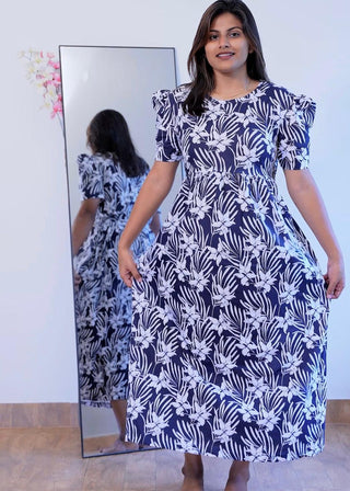 NAVY WHITE LEAF | NON-FEEDING MAXI – PUFF SLEEVES | ANKLE LENGTH MAXI