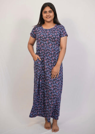 BLUE RED TINY FLORAL | NON-FEEDING MAXI – SHORT SLEEVES | ANKLE LENGTH MAXI