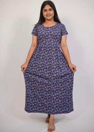 BLUE RED TINY FLORAL | NON-FEEDING MAXI – SHORT SLEEVES | ANKLE LENGTH MAXI