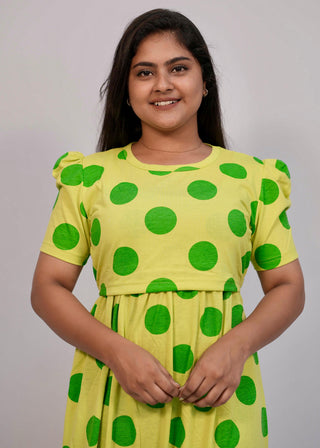 GREEN POLKA DOTS | ZIPLESS MATERNITY MAXI-PUFF SLEEVES | FULL LENGTH MAXI
