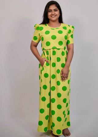 GREEN POLKA DOTS | ZIPLESS MATERNITY MAXI-PUFF SLEEVES | FULL LENGTH MAXI