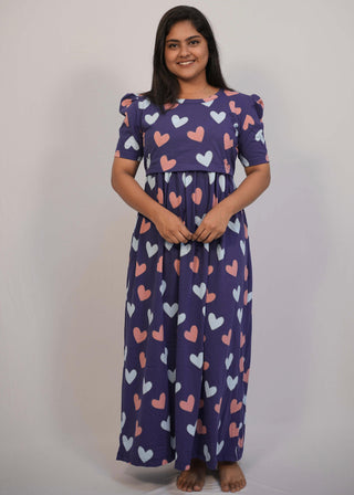 BLUE HEARTS | ZIPLESS MATERNITY MAXI-PUFF SLEEVES | FULL LENGTH MAXI