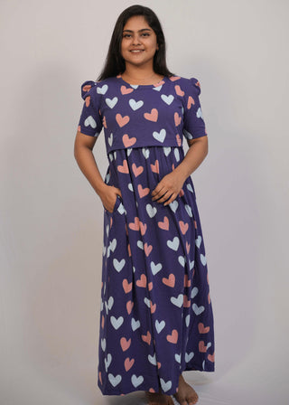 BLUE HEARTS | ZIPLESS MATERNITY MAXI-PUFF SLEEVES | FULL LENGTH MAXI