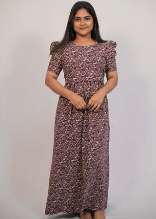 DARK MAROON FLORAL | ZIPLESS MATERNITY MAXI-PUFF SLEEVES | FULL LENGTH MAXI