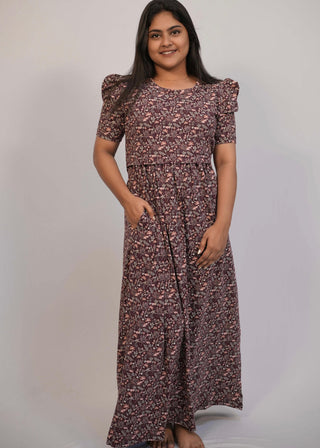 DARK MAROON FLORAL | ZIPLESS MATERNITY MAXI-PUFF SLEEVES | FULL LENGTH MAXI