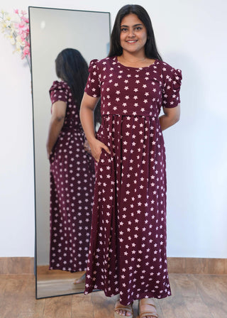 DARK MAROON STAR | ZIPLESS MATERNITY MAXI-PUFF SLEEVES | FULL LENGTH MAXI