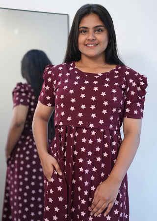 DARK MAROON STAR | ZIPLESS MATERNITY MAXI-PUFF SLEEVES | FULL LENGTH MAXI