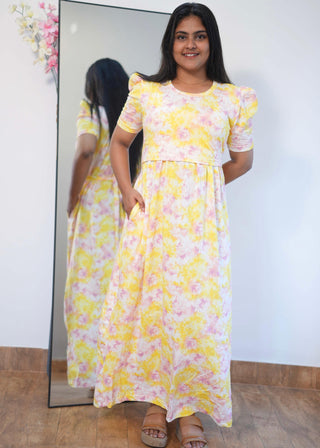 YELLOW TIE & DYE  | NON-FEEDING MAXI – PUFF SLEEVES | FULL LENGTH MAXI