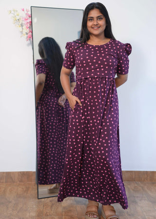 MAROON HEART  | NON-FEEDING MAXI – PUFF SLEEVES | FULL LENGTH MAXI