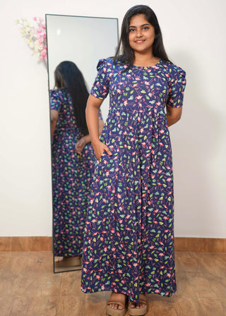 BLUE FLAMINGO | NON-FEEDING MAXI – PUFF SLEEVES | FULL LENGTH MAXI