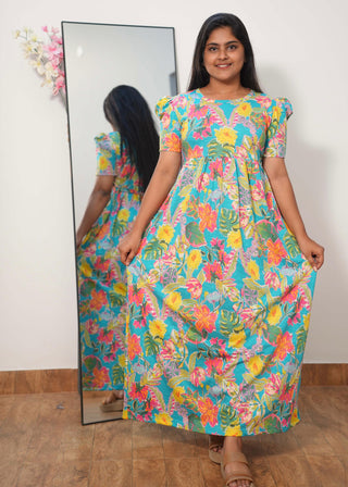 TROPIC BLOOM | NON-FEEDING MAXI – PUFF SLEEVES | FULL LENGTH MAXI