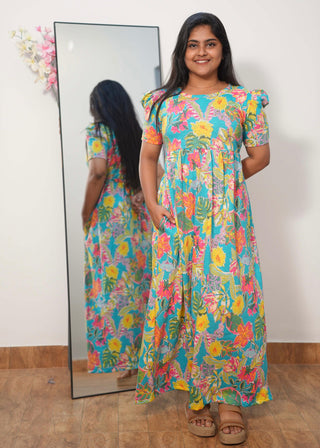 TROPIC BLOOM | NON-FEEDING MAXI – PUFF SLEEVES | FULL LENGTH MAXI