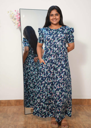 BLUE MULTI FLORA | NON-FEEDING MAXI –PUFF SLEEVES | FULL LENGTH MAXI